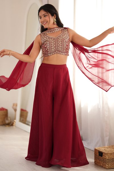 Maroon Silk Embroidered Top & Palazzo Set With Choker Style Dupatta