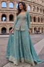 Soft Blue Chinon Silk Embroidered  Kurti Palazzo & Dupatta Set