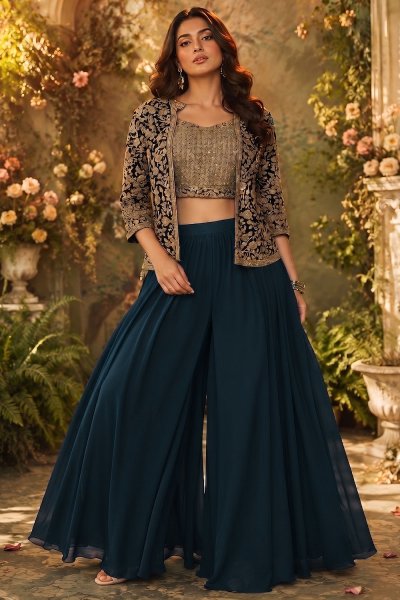 Blue Georgette Embroidered Top & Jacket With Palazzo