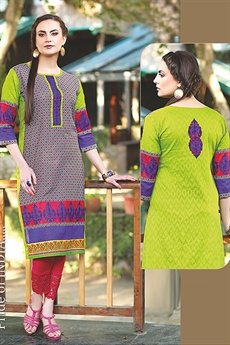 Beautiful Printed Kurti With Embroidery In Lime Green