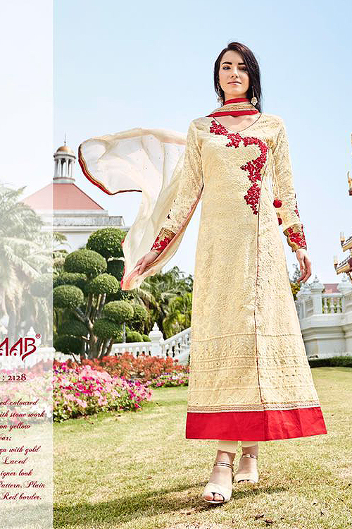 Cream Embroidered Pure Georgette Embellished Straight Cut Suit