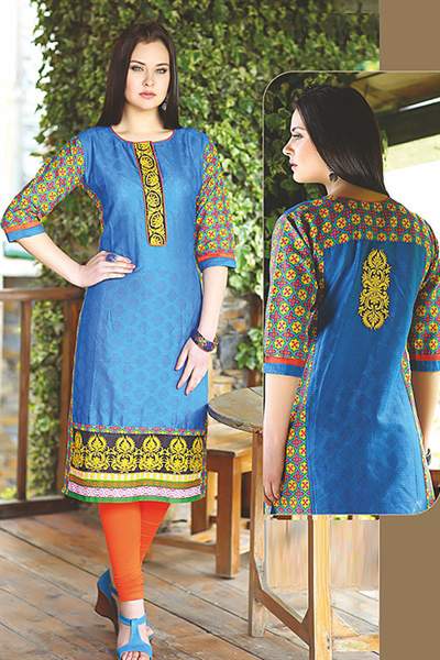 Beautiful Printed Kurti With Embroidery In Blue