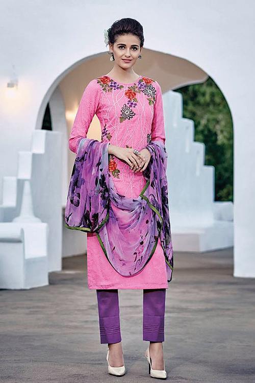 Brink Pink Embroidered Cotton Jacquard Designer Salwar Suit