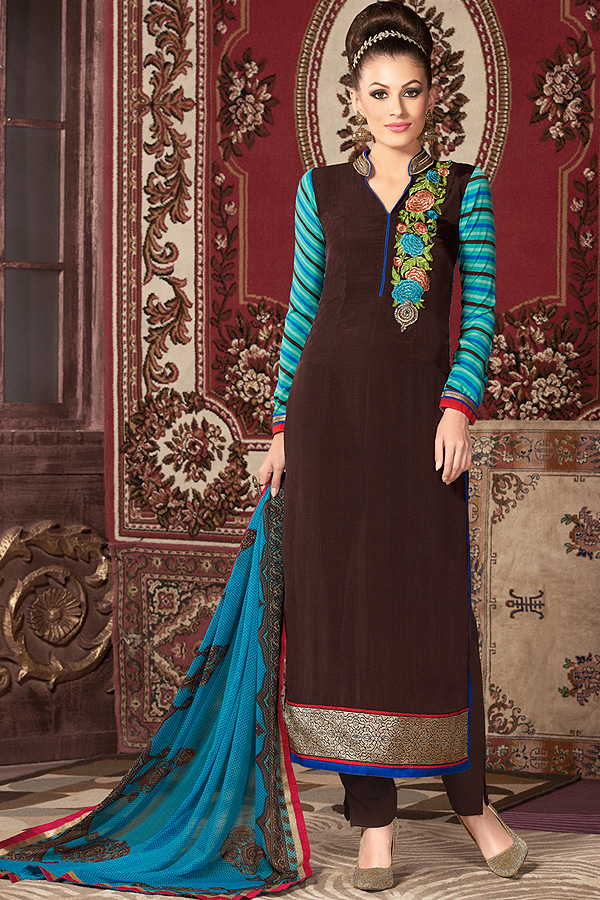 Dark Brown Embroidered French Crepe Straight Long Suit Set