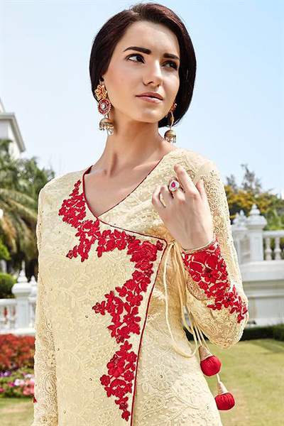 Cream Embroidered Pure Georgette Embellished Straight Cut Suit