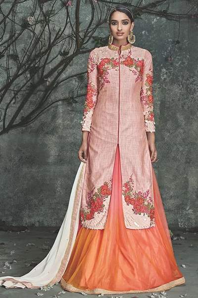 Phoenix Sand Embroidered Peach Silk Indo Western Dress